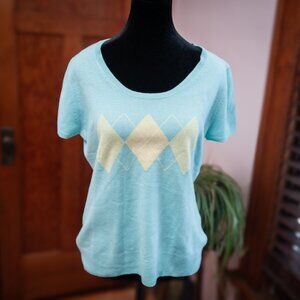 VTG Y2K Blue Butter Yellow Argyle Cashmere Short Sleeve Sweater Women XL Spring